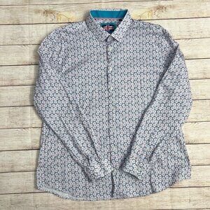 Soul of London XXL‎ Men's Geometric Print Long Sleeve Button Shirt Teal Accents